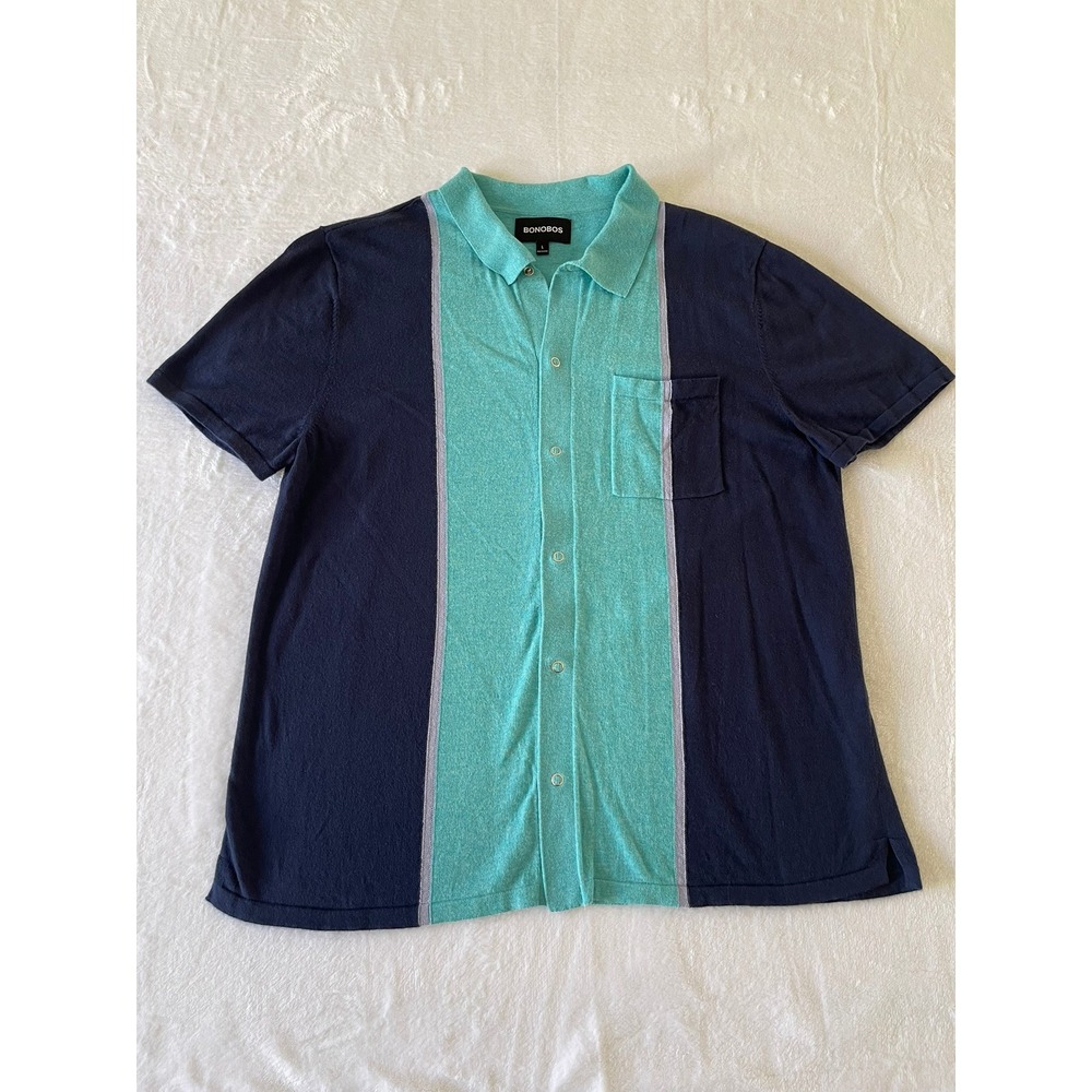 Bonobos Mens Large Colorblock Knit Button Down Shirt Teal Navy BST00713N-N2133